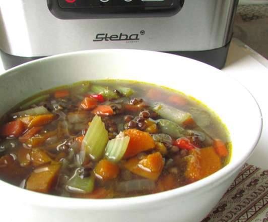 Bulgarian-style soup with lentils, smoked meats and garlic. Brand 6060 pressure cooker-smokehouse.