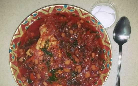 Thick beet chicken fillet soup with lentils and mushrooms