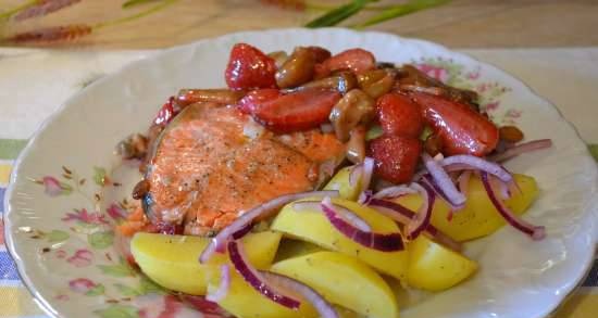 Red fish with steamed potatoes and honey agaric garnish with fresh strawberries