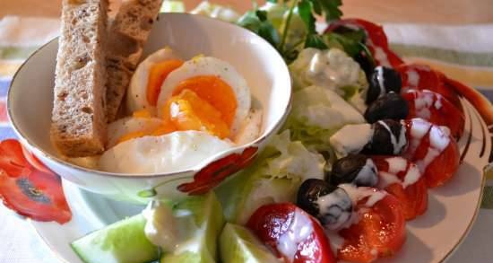 Soft-boiled eggs, salad vegetables with kefir-cheese dressing