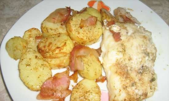 Cod with potatoes and bacon in an air fryer