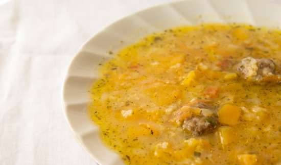 Cabbage soup with pumpkin, millet and meatballs