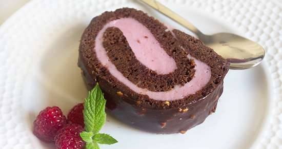 Chocolate roll with raspberry cream soufflé