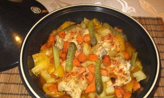 Chicken with vegetables and potatoes in tagine (gas panel)