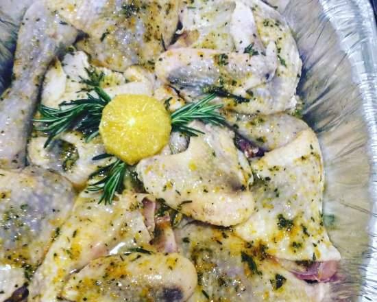 Guinea fowl with creamy orange sauce with honey and rosemary