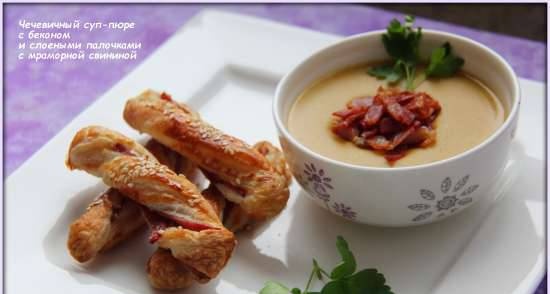 Lentil soup with bacon and puff sticks with marbled pork (Smile 3700 soup cooker)