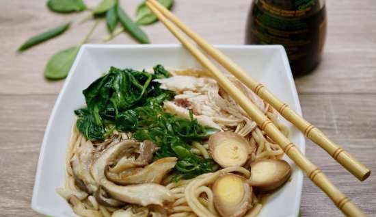 Ramen with chicken, spinach, quail eggs, oyster mushrooms and green onions
