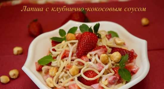 Vermicelli Angel Hair con fragole, nocciole, foglie di Kalanchoe e gelatina di latte di cocco