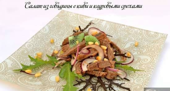 Boiled beef salad with kiwi and pine nuts