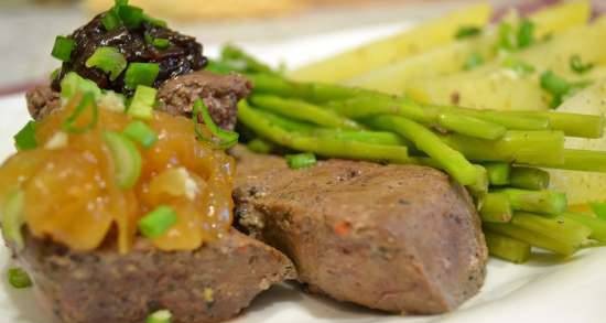 Steamed beef liver with onion marmalade