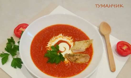 Baked pepper and pickled tomato puree soup with fried chicken