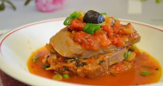 Beef tongue stewed in red sweet and sour sauce with apples (tagine)