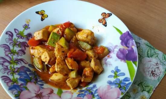 Delicate summer lecho with chicken and zucchini in a slow cooker
