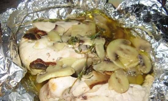 Chicken breast baked in an envelope with mushrooms, butter, white wine and thyme by Jamie Oliver