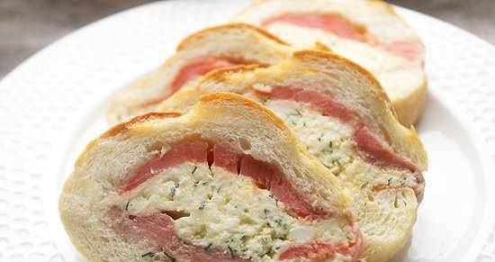 Baguette stuffed with salmon and cheese