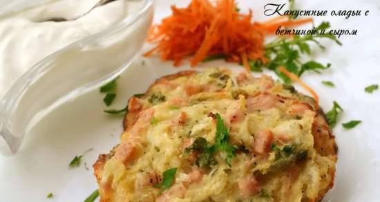 Cabbage pancakes with ham and cheese