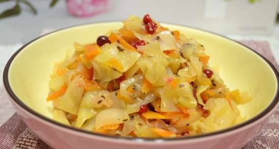 White cabbage stewed with vegetables, caraway seeds and lingonberries