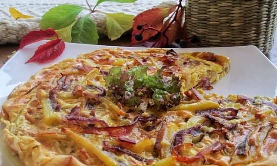 Casserole with potatoes, bacon and red onions