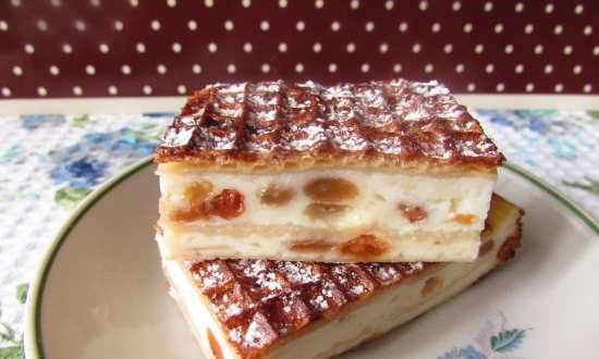 Cottage cheese casserole with apple and raisins in waffle cakes