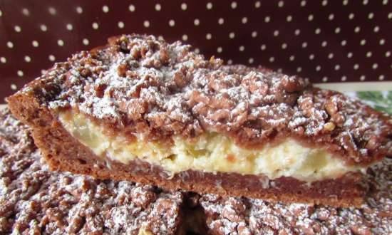 Cottage cheese and chocolate cake with banana and pear
