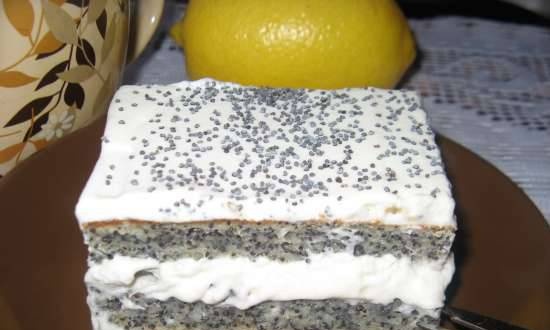 Poppy seed cake with butter cream and prunes