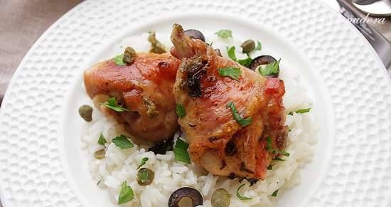 Chicken stewed with olives and capers