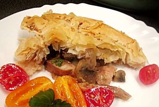 Pie - chicken casserole with mushrooms under a filo crust