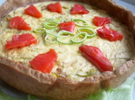 Snack pie with feta cheese, cottage cheese and salmon slices