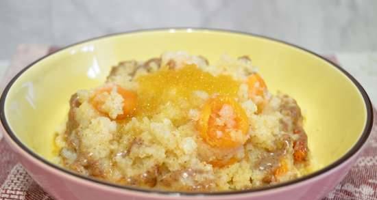 Rolled cereal porridge with dried apricots and urbech