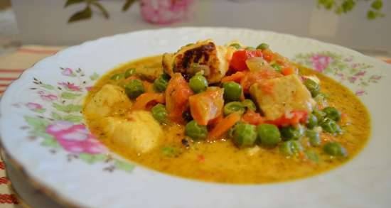 Stew with vegetables, green peas, paneer cheese, coconut cream
