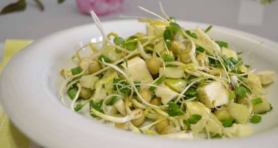 Vegan salad made from sprouts of green peas with tofu (or Adyghe cheese for vegetarians)