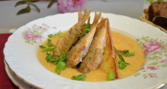 Vegetable puree soup with fried potatoes and fried red mullet (blender-steamer)