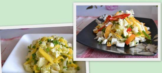 Two white cabbage salads (mango and peach)