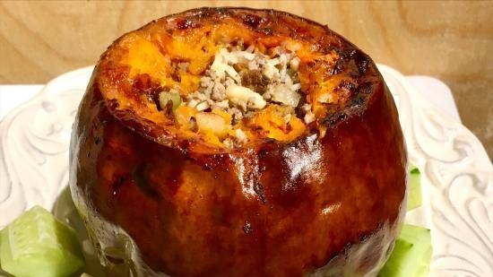 Festive baked pumpkin stuffed with minced meat with rice, vegetables and apples (Ninja® Foodi® 6.5-qt.)