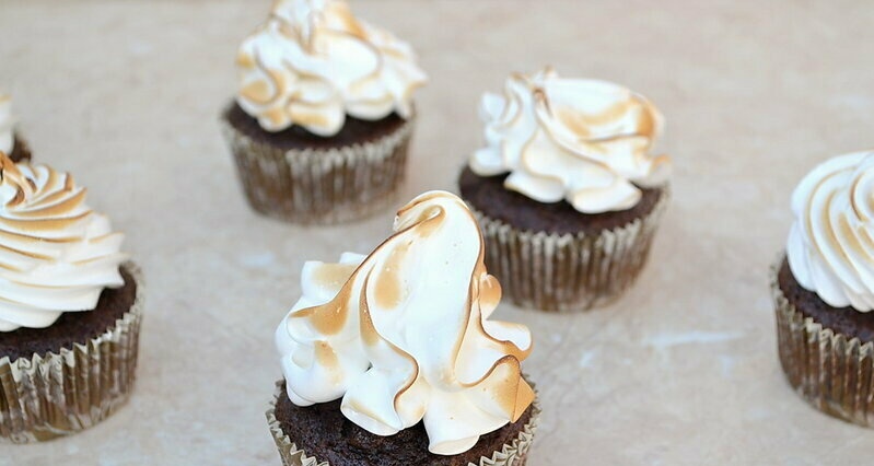 Chocolate coffee cupcakes with pumpkin puree and meringue