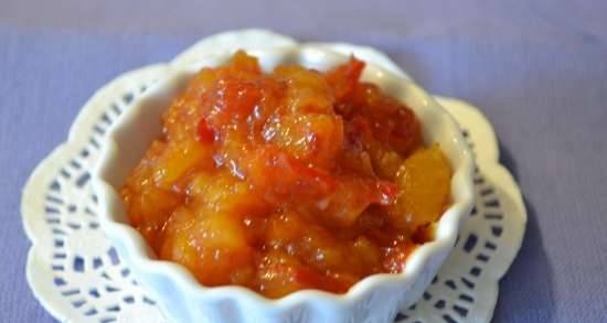 Chutney from peaches, tomatoes and dried apricots