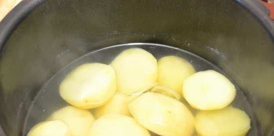 Gestoomde kabeljauw in witte wijn en gekookte aardappelen met spinazie (twee in één) in de Oursson snelkookpan