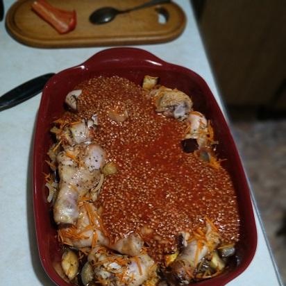 Buckwheat baked with chicken and eggplant