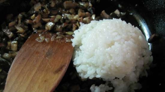 Porzione di casseruola con riso, pollo e prugne