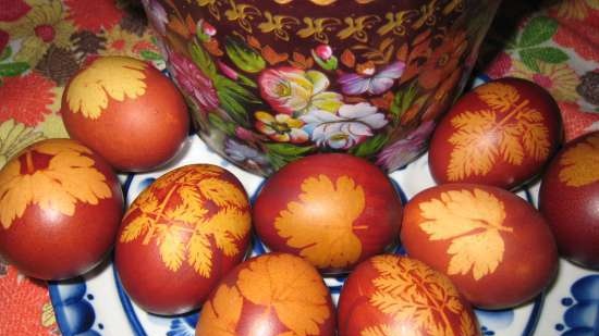 Easter eggs painted in a stocking