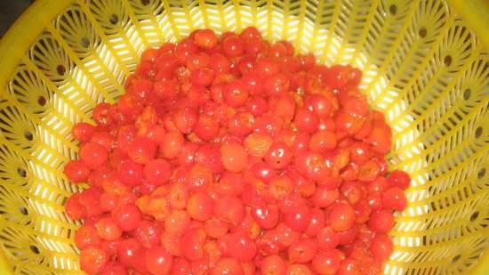Sűrű lekvár / püré lédús bogyós gyümölcsökből (gyümölcsök, zöldségek) sűrítőanyagok nélkül a mikrohullámú sütőben (például sárgabarack és cseresznye)