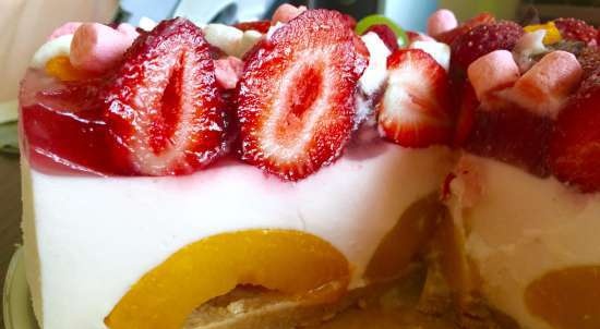 Túrós-joghurtos sütemény nektarinnal és mangó zselével