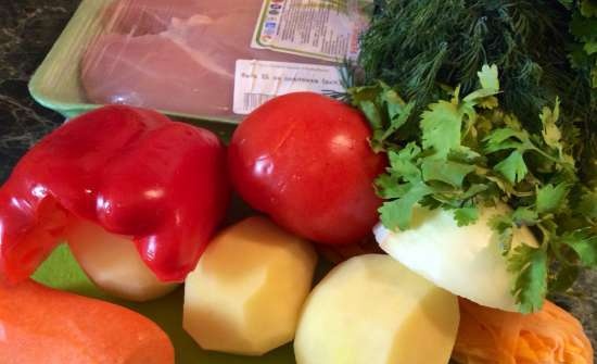 Sopa de calabaza y verduras con pollo (batidora-sopa estacionaria Moulinex)