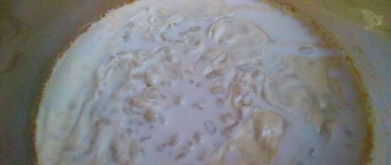 Gachas de cebada con leche en una olla de cocción lenta