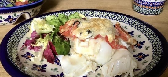 Grilled cod with tomatoes and onion-cheese coat Ninja
