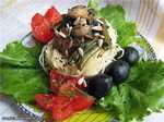Capellini - vermicelli nests, with mushrooms, beans and fried cucumbers
