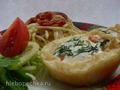 Breakfast in 5 minutes. Spaghetti . Boiled eggs with vegetables, herbs and cheese in puri (Brand 6060 smokehouse)