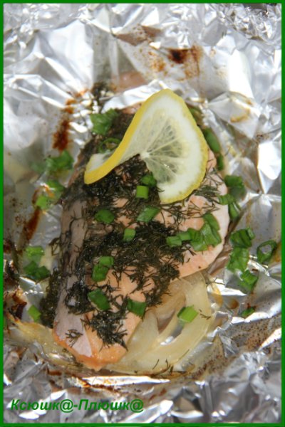 سمك السلمون على وسادة البصل تحت بطانية الشبت (العلامة التجارية 35128 مقلاة هوائية)