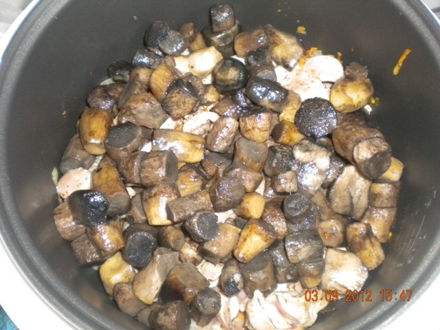 Aardappelen, gestoofd met champignons en kipventrikels in een slowcooker