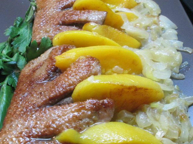 Grilled duck with peaches